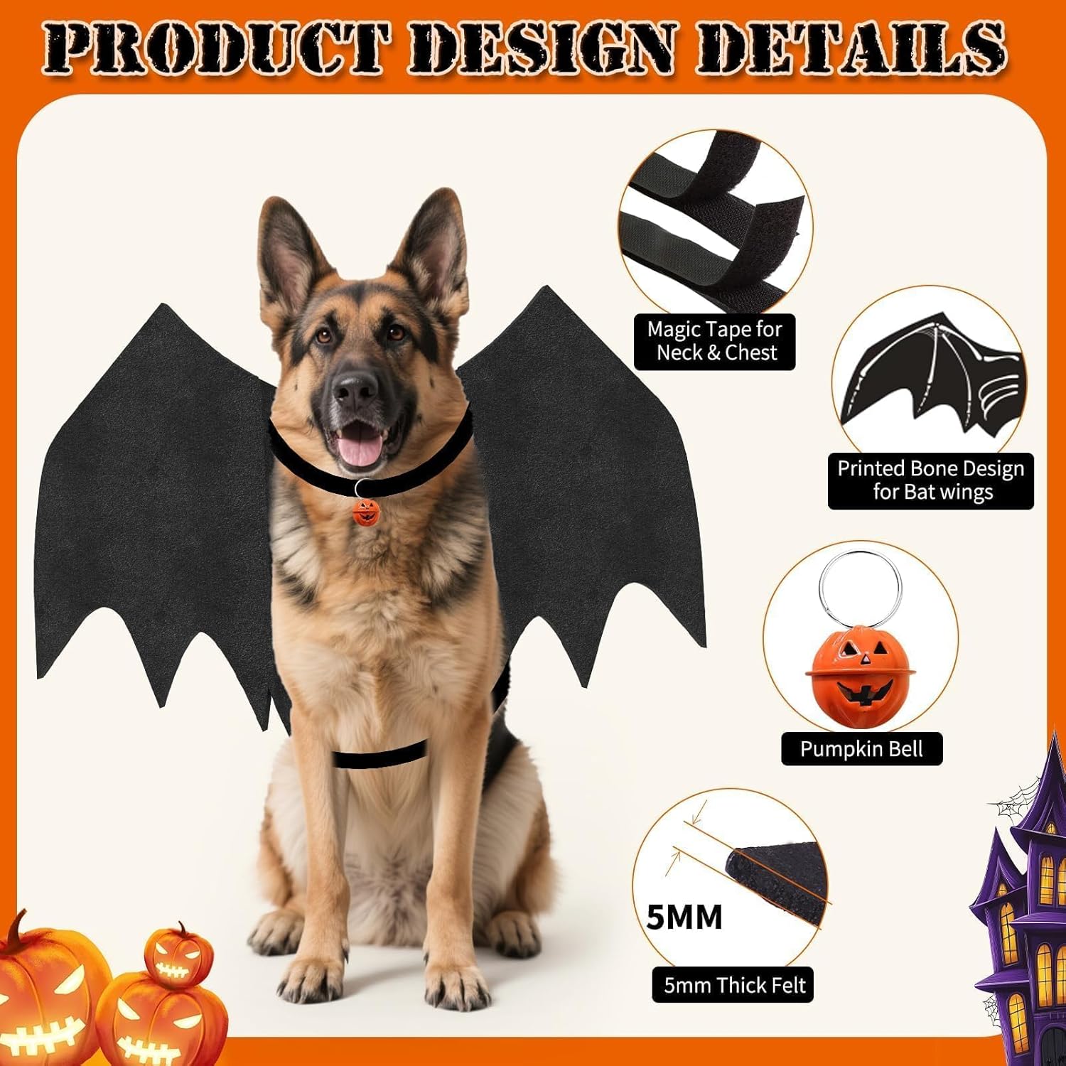 Olanrun Large Dog Halloween Costumes, Adjustable Dog Bat Wings Costumes for Large Dogs with Pumpkin Bell Skeleton Print On The Back, Pet Costume Halloween Cosplay Party Dress Up, XL Black - Image 3