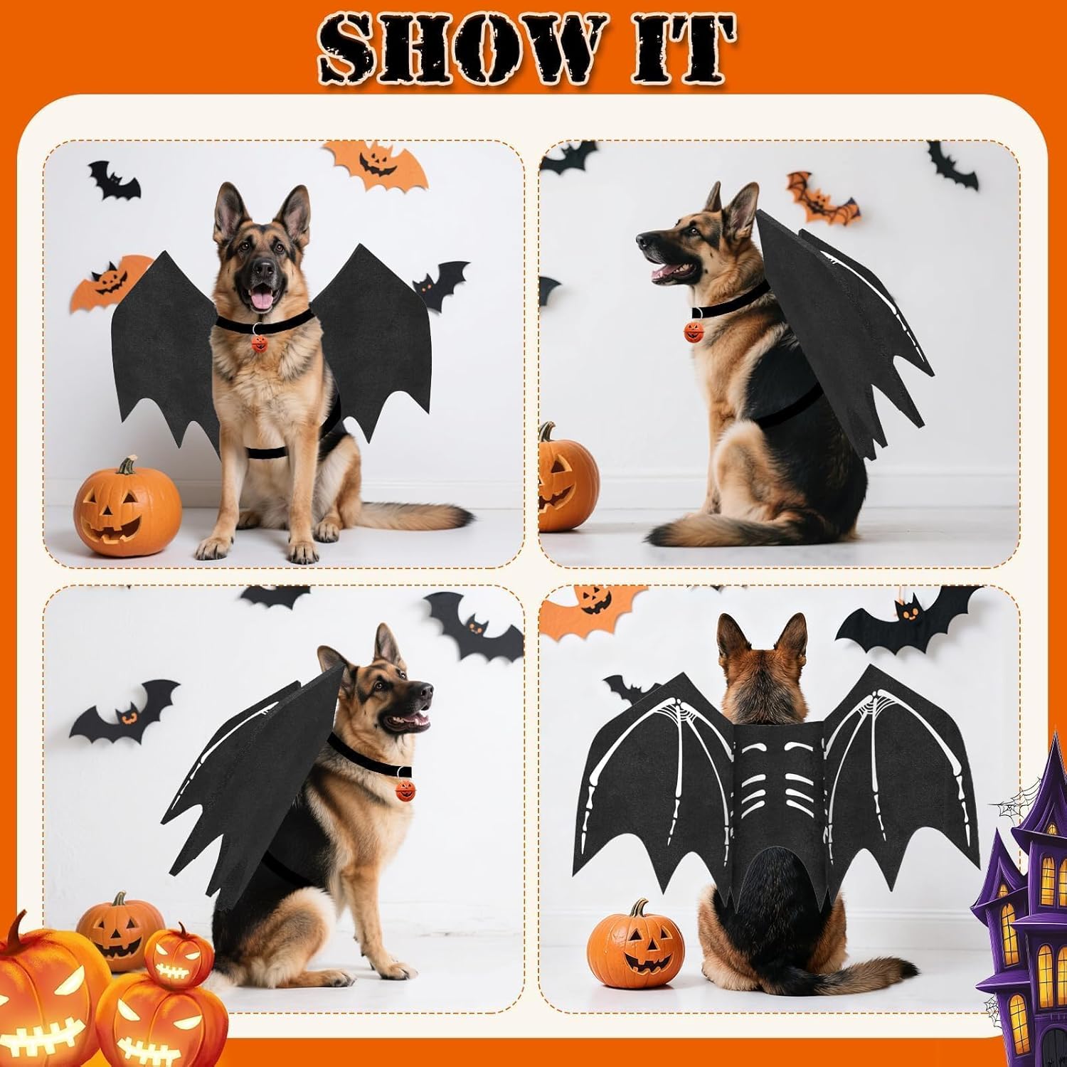 Olanrun Large Dog Halloween Costumes, Adjustable Dog Bat Wings Costumes for Large Dogs with Pumpkin Bell Skeleton Print On The Back, Pet Costume Halloween Cosplay Party Dress Up, XL Black - Image 4